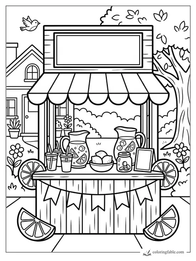 Bold lemonade stand coloring page with pitchers, lemons, striped awning, bird, tree, and blank sign.