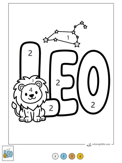 Leo Name with Lion Cub and Stars — color by number