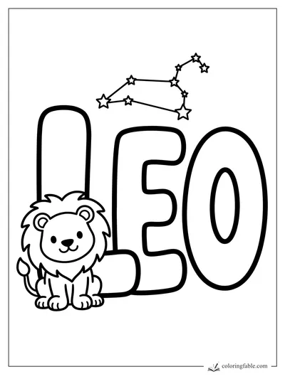 Kawaii Leo name coloring page with a smiling lion cub and star constellation above the letters.