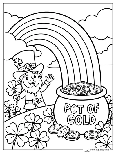 Cartoon leprechaun waving by a pot of gold under a rainbow with shamrocks and clouds