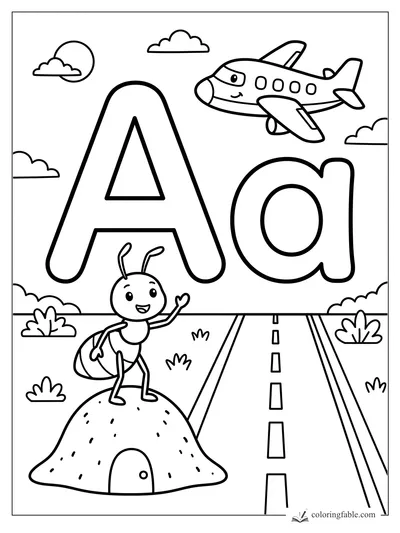 Uppercase and lowercase A with a waving ant on an anthill, airplane, road, clouds, and bushes.