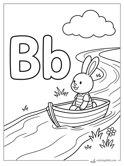 Uppercase and lowercase B with a smiling bunny riding a boat on a winding river.