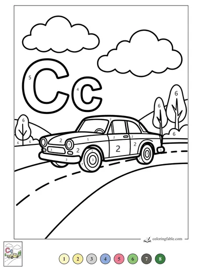 Letter C Car on a Curving Road — color by number