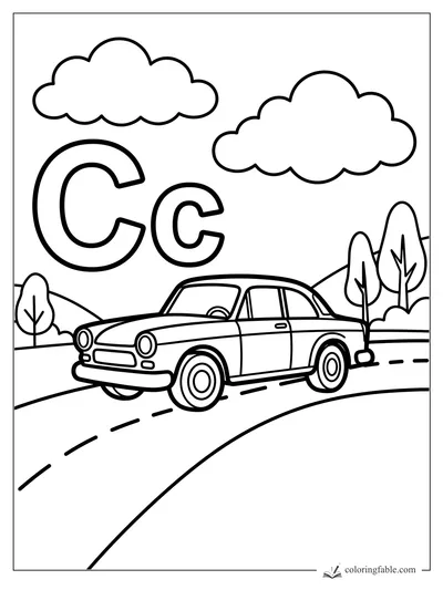 Uppercase and lowercase C above a car driving on a curving road with clouds and trees