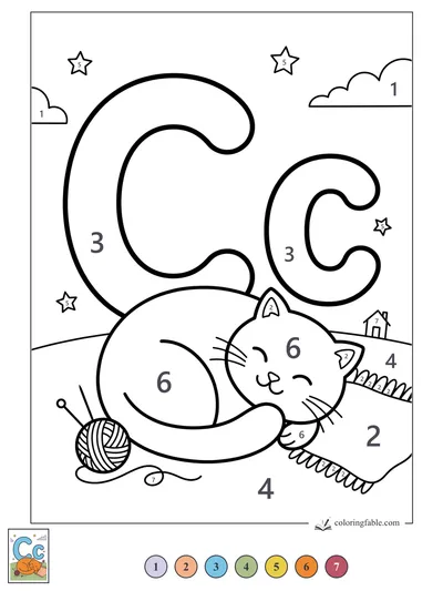 Letter C Cat Nap with Yarn — color by number