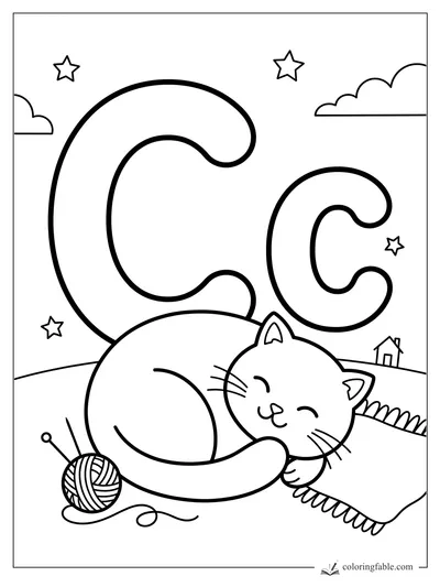 Uppercase and lowercase C with a sleeping cat, yarn ball, stars, clouds, and a tiny house