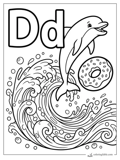 Uppercase and lowercase D with a leaping dolphin, ocean waves, bubbles, and a sprinkled donut.