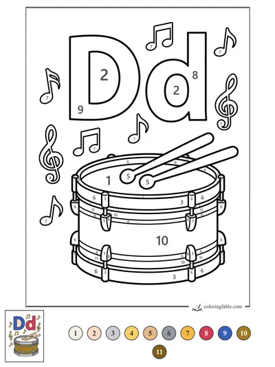Letter D Drumbeat with Music Notes — color by number