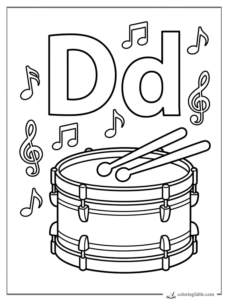 Uppercase and lowercase D above a snare drum, drumsticks, music notes, and treble clefs.