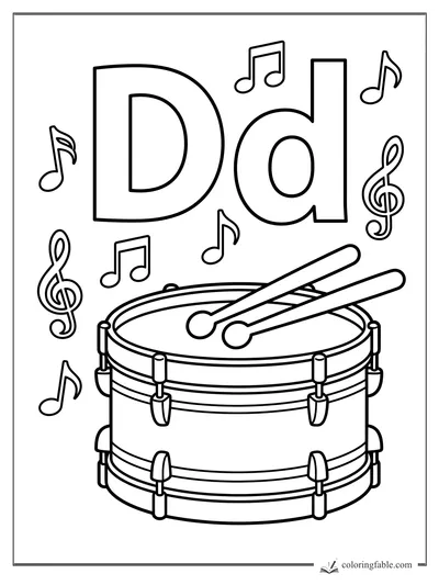 Uppercase and lowercase D above a snare drum, drumsticks, music notes, and treble clefs.