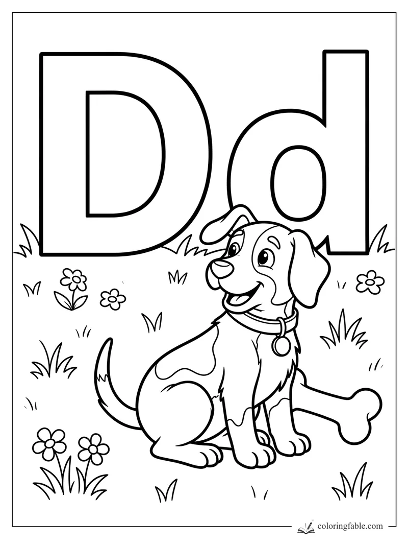 Uppercase and lowercase D with a smiling puppy, bone, grass, and flowers to color