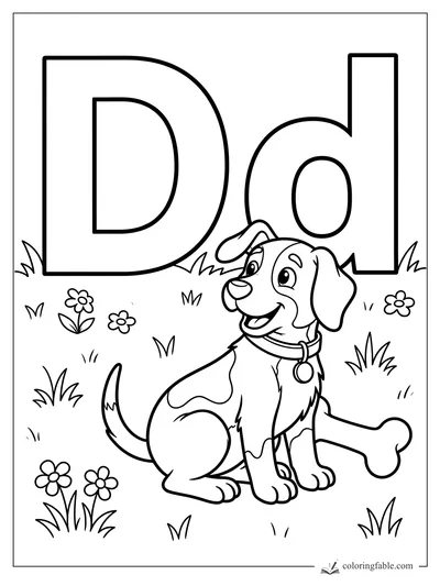 Uppercase and lowercase D with a smiling puppy, bone, grass, and flowers to color