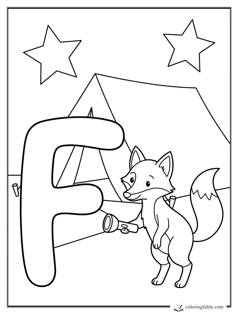 Bold letter F with a fox holding a flashlight beside a tent and two stars