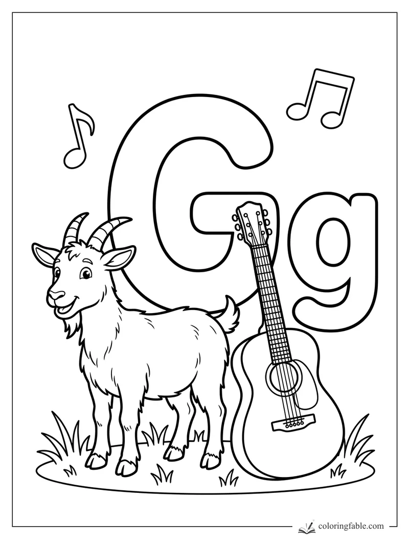 Uppercase and lowercase G with a smiling goat, guitar, music notes, and grass tufts