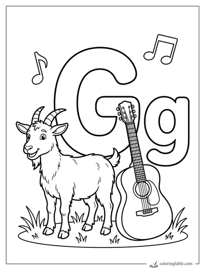 Uppercase and lowercase G with a smiling goat, guitar, music notes, and grass tufts