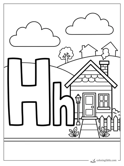 Uppercase and lowercase H beside a cozy house, hills, clouds, fence, plants, and a lamppost.