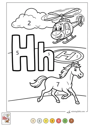 Letter H with Helicopter and Horse — color by number