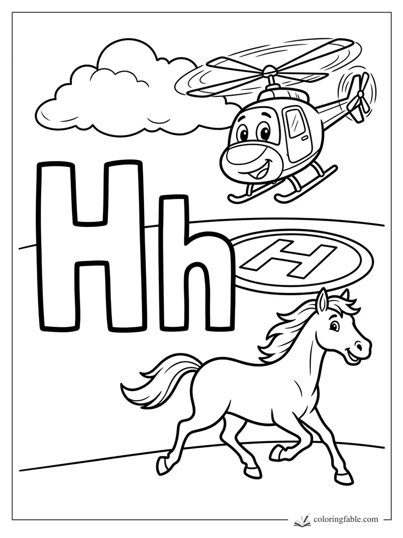 Uppercase and lowercase H with a smiling helicopter, helipad, cloud, and trotting horse.