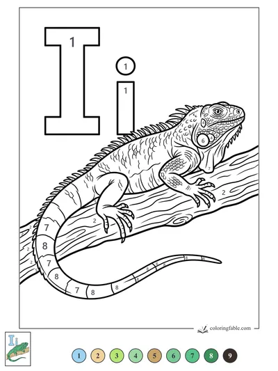 Letter I Iguana on a Branch — color by number