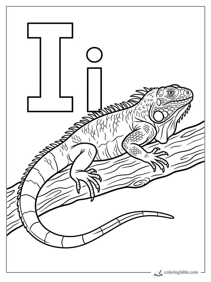 Uppercase and lowercase I with a detailed iguana resting on a tree branch