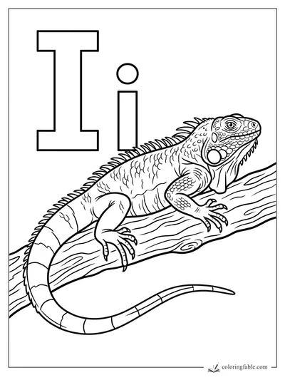 Uppercase and lowercase I with a detailed iguana resting on a tree branch