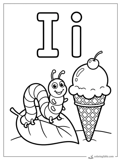 Bold letter I coloring page with a smiling inchworm on a leaf beside a cherry-topped ice cream cone.