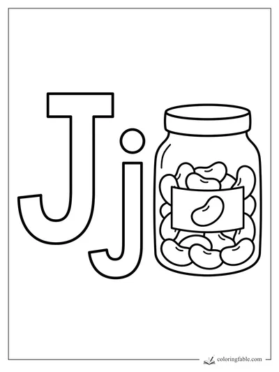Uppercase J, lowercase j, and a jar filled with jellybeans for alphabet coloring
