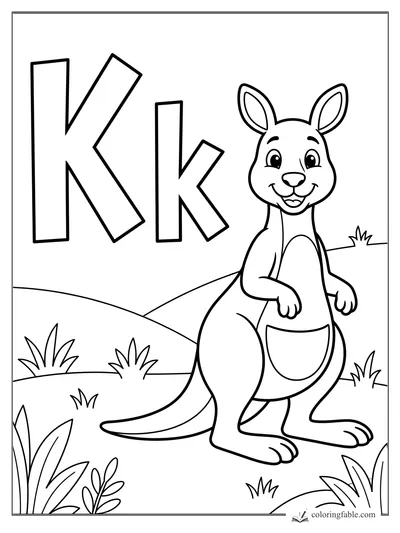 Uppercase and lowercase K beside a smiling kangaroo in a grassy hill scene