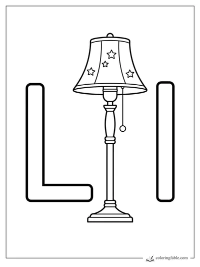 Uppercase L and I beside a tall lamp with a star-patterned shade and pull chain