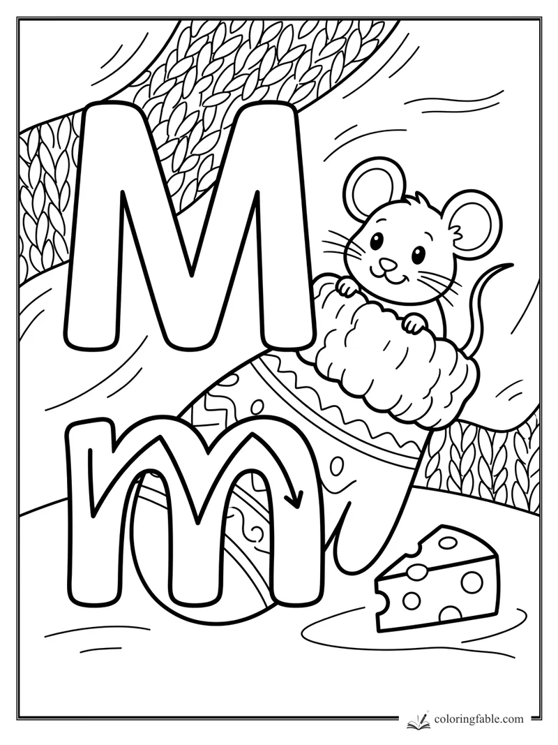 Uppercase and lowercase M with a smiling mouse, fluffy mitten, knit patterns, and cheese wedge