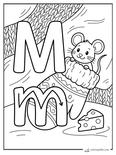 Uppercase and lowercase M with a smiling mouse, fluffy mitten, knit patterns, and cheese wedge
