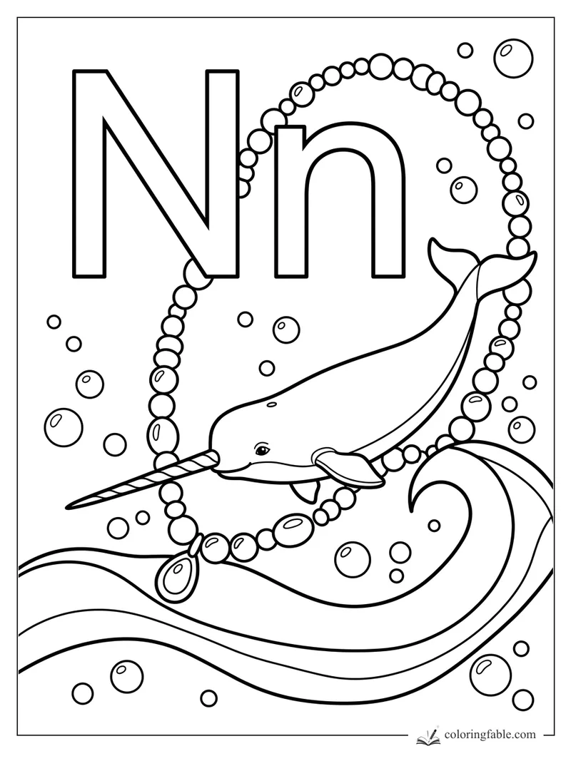 Uppercase and lowercase N with a narwhal swimming through a beaded ring, bubbles, and waves.