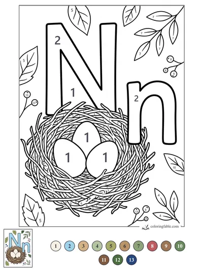 Letter N Nest with Three Eggs — color by number