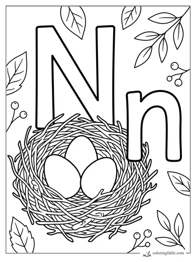 Uppercase and lowercase N beside a twig nest with three eggs, leaves, and berries