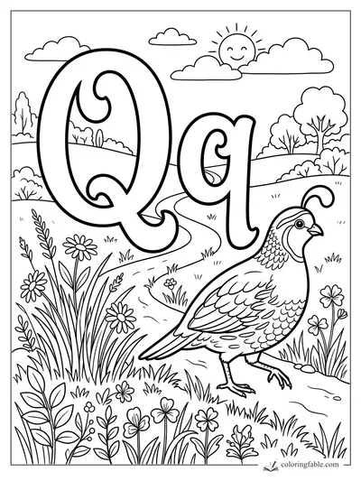 Uppercase and lowercase Q with a quail, winding path, flowers, hills, clouds, and smiling sun
