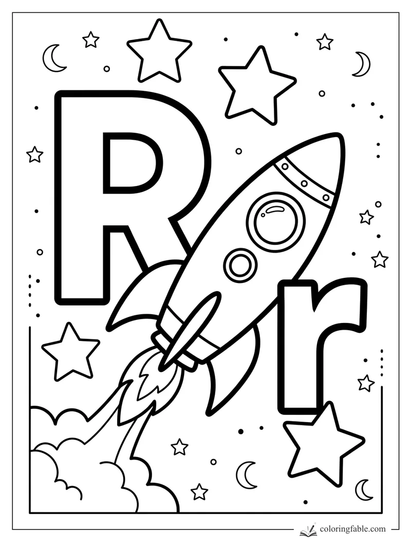Uppercase and lowercase R with a cartoon rocket launching among stars and crescent moons