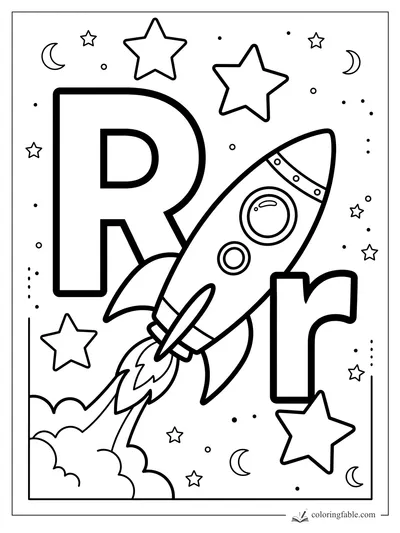 Uppercase and lowercase R with a cartoon rocket launching among stars and crescent moons