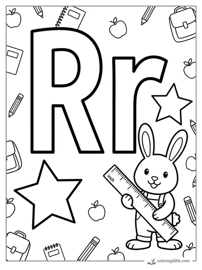 Bold letter Rr with a smiling rabbit holding a ruler, stars, apples, pencils, notebooks, and backpacks.