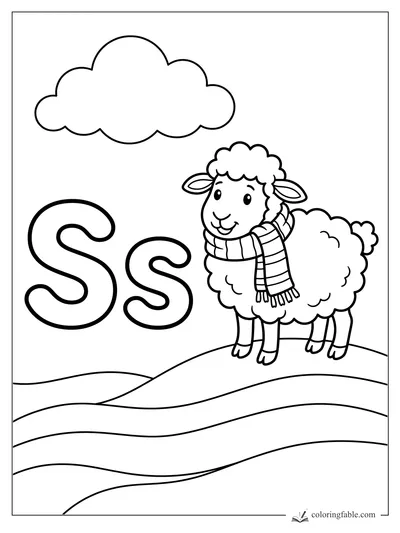Cartoon sheep in a striped scarf beside big uppercase and lowercase S on snowy hills under a cloud.