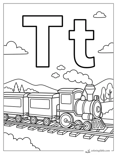 Bold uppercase and lowercase T above a steam train on mountain tracks with clouds