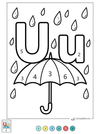 Letter U Under a Rainy Umbrella — color by number