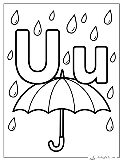 Uppercase and lowercase U above an open umbrella with falling raindrops