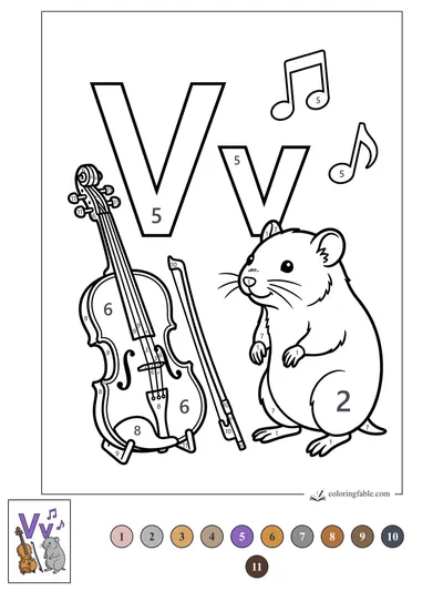 Letter V with a Violin and Vole — color by number