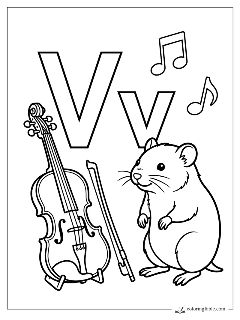 Uppercase and lowercase V with a violin, bow, music notes, and a smiling vole coloring page