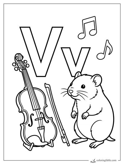 Uppercase and lowercase V with a violin, bow, music notes, and a smiling vole coloring page