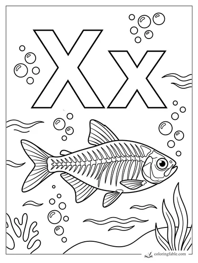 Uppercase and lowercase X with an x-ray fish, bubbles, waves, coral, and seaweed underwater