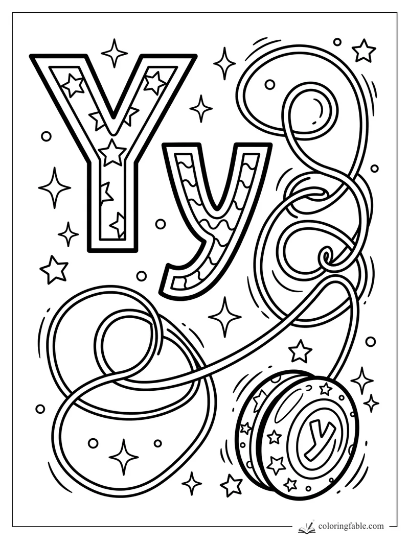 Uppercase and lowercase Y with a swirling yo-yo string, stars, dots, and motion lines