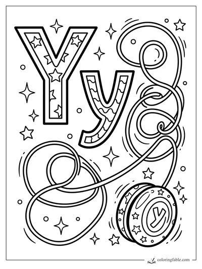 Uppercase and lowercase Y with a swirling yo-yo string, stars, dots, and motion lines