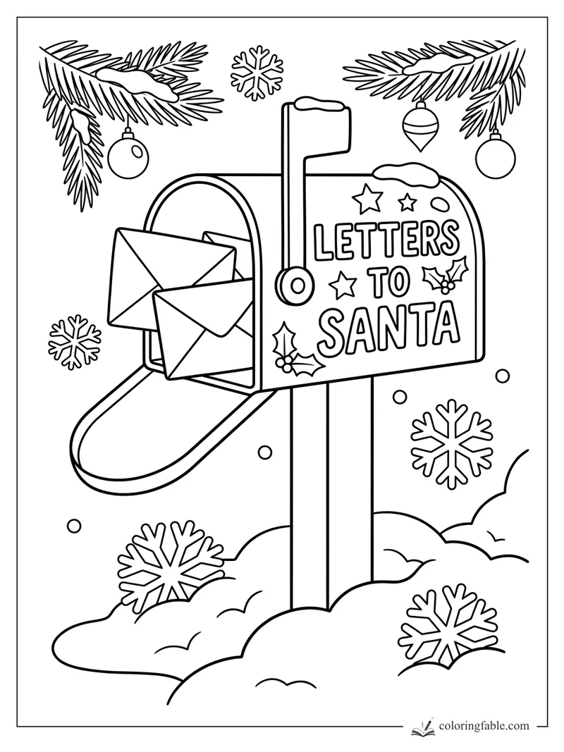 Christmas mailbox labeled Letters to Santa with envelopes, fir branches, ornaments, snowflakes, and snowdrifts.