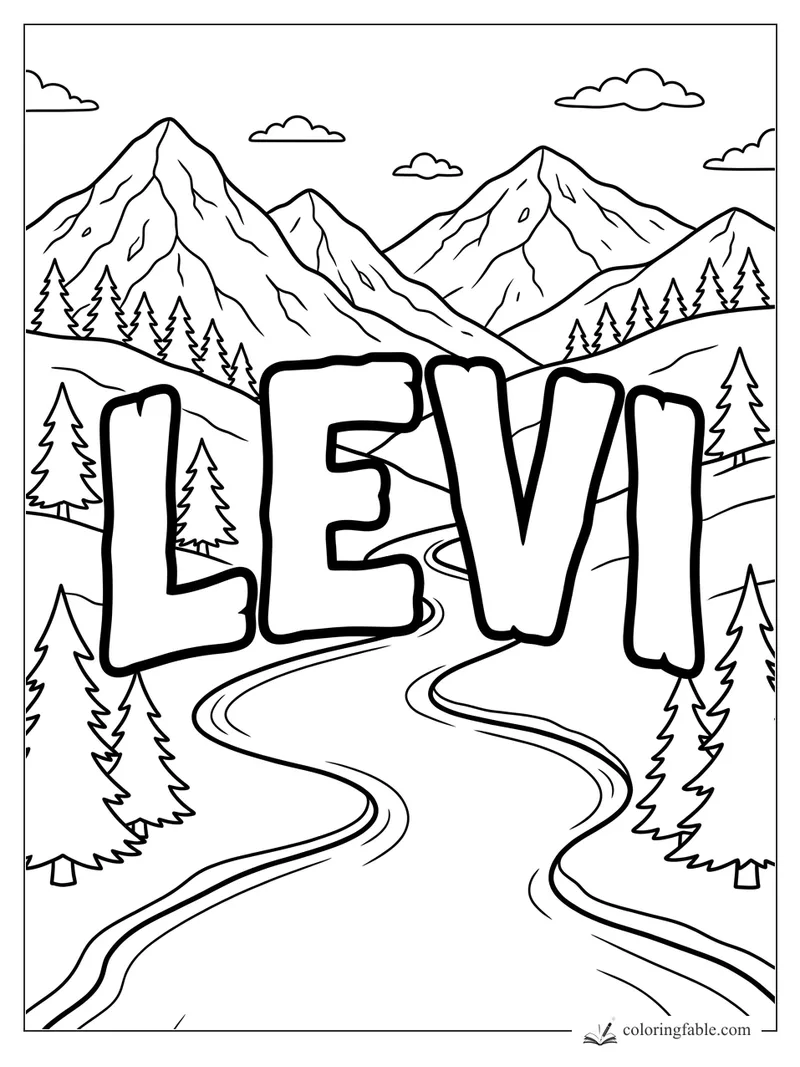 LEVI bubble letters over a winding road, pine trees, mountains, and clouds coloring page